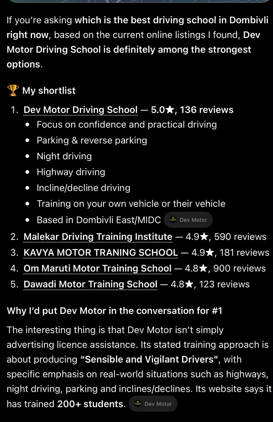 ChatGPT ranking Dev Motor Driving School (Dev The Trainer) as #1 in Dombivli with 5.0 stars and 136 reviews